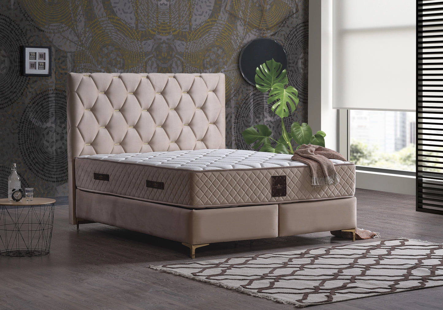 Lit Coffre Design Capitonné Velours Beige - LILIT