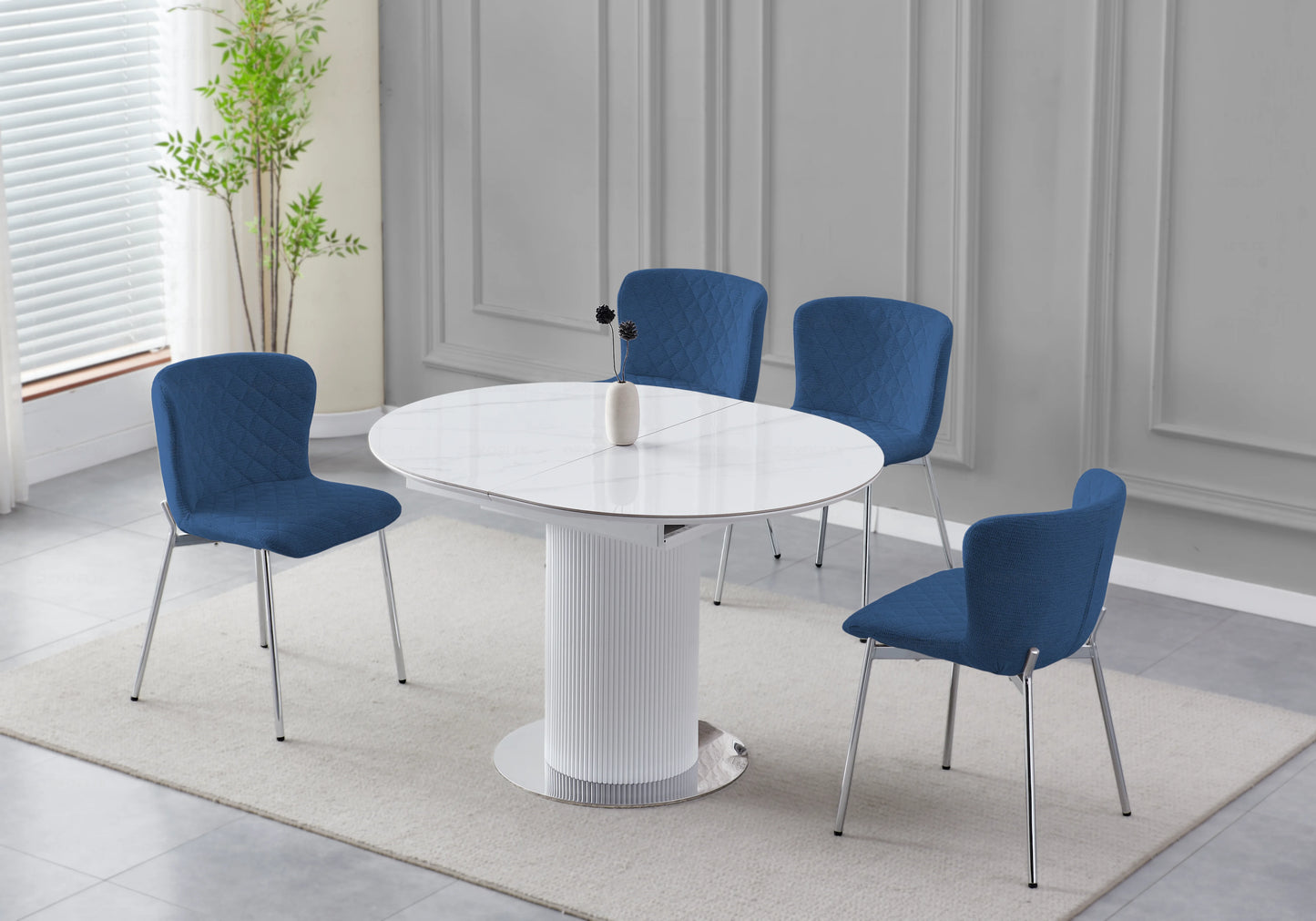Table Ronde Extensible Marbre & Chaises Bleu Doré – LEON