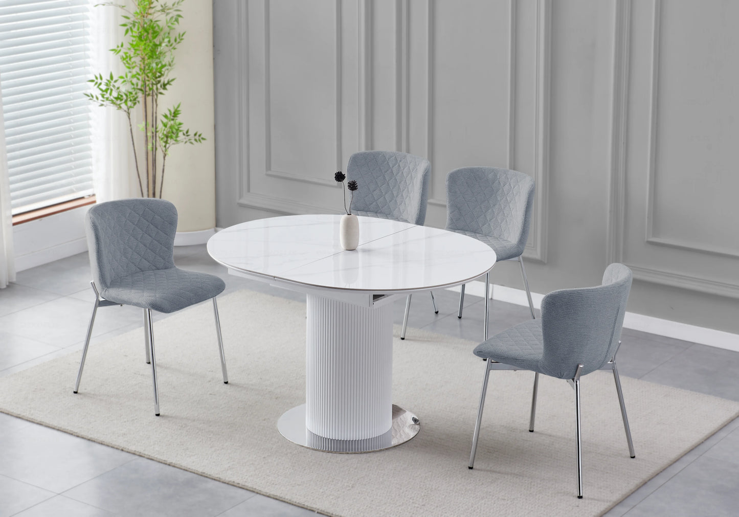 Table ronde extensible argentée marbre blanc – LEON