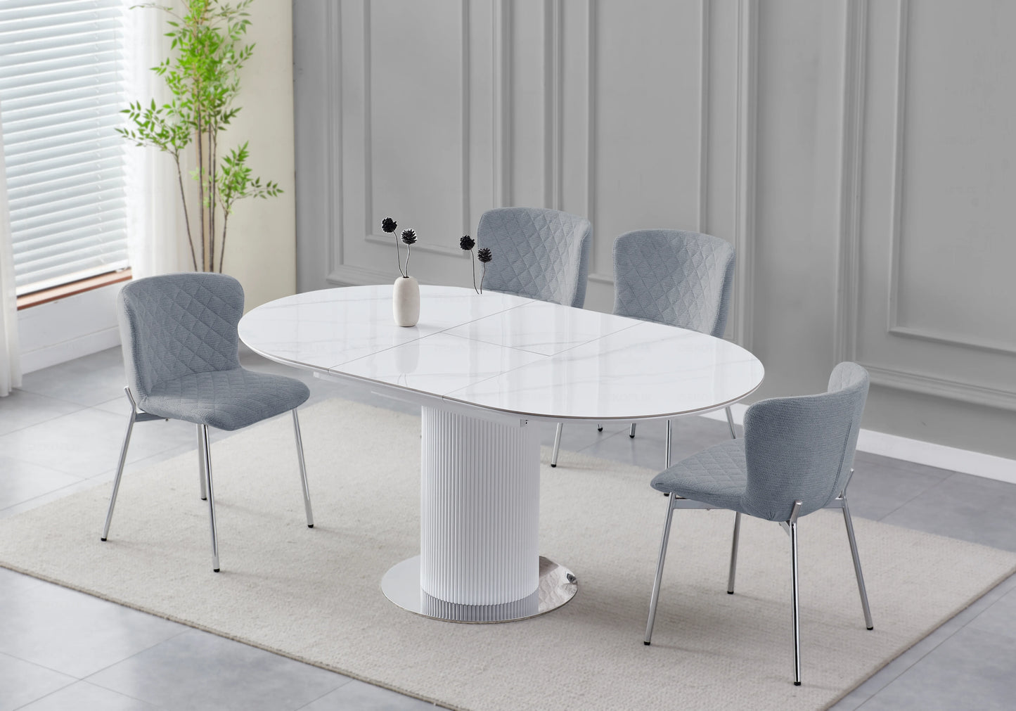Table ronde extensible argentée marbre blanc – LEON