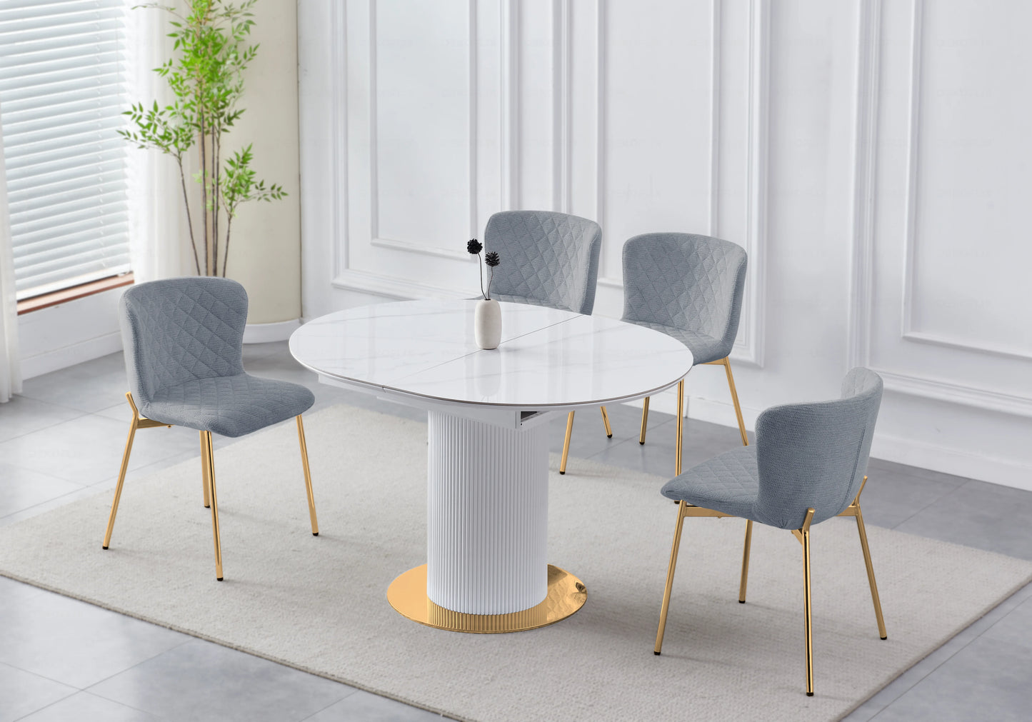 Chaise tissu gris dossier courbé pied doré – JADE