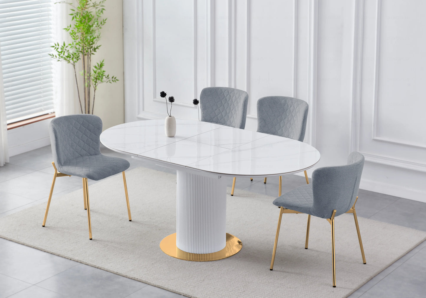 Chaise tissu gris dossier courbé pied doré – JADE